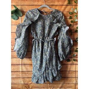 Topshop US2 Ruffle Longsleeve Floral Green Blue Keyhole Mini Skater Dress
